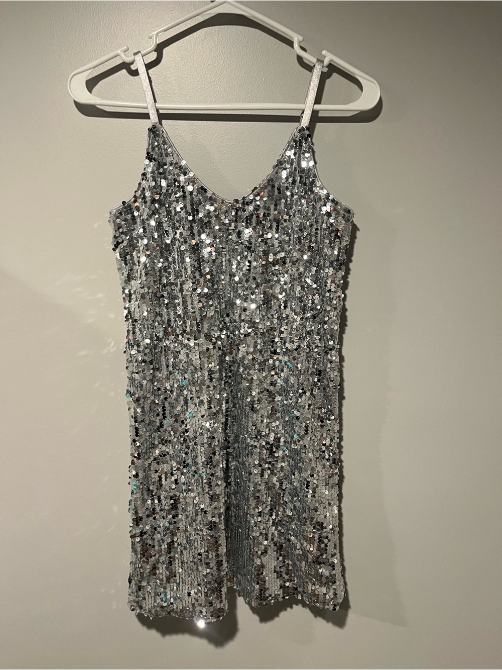 Sequin Silver Mini Dress with Spaghetti Straps